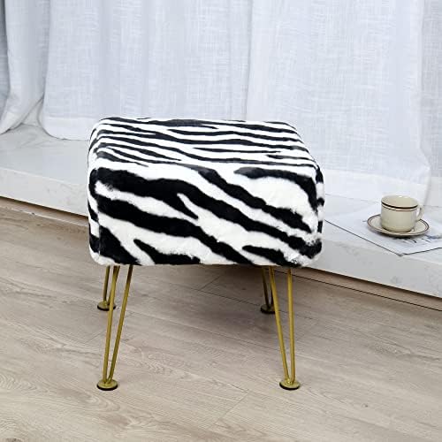 Zebra-Print Square Faux Fur Ottoman 17"x17"x17" Soft Fuzzy Entryway Bench Seat Sturdy Accent Coffee Table for Living Room Makeup Vanity Stool with Golden Legs for Bedroom Closet Foot Rest