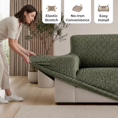 PAULATO Premium Stretch Couch Covers for Sofa - Sofa Chair Cover Washable, Dogs & Pets Friendly - Elastic Polyester Loveseat Slipcovers - Non-Slip Love Seat Couch Covers - Moss Green (40"-63" Wide)