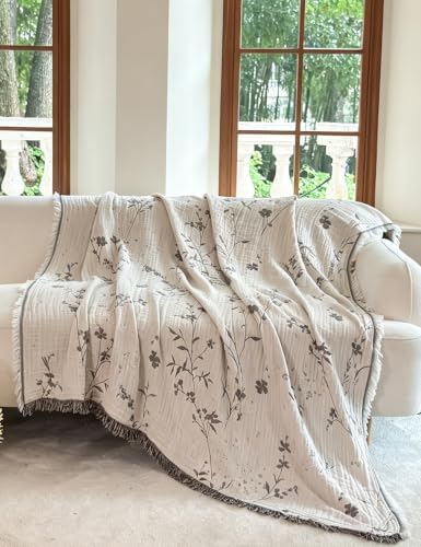 FALUCA Muslin Cotton Throw Blanket Boho Floral Jacquard with Fringe, 50 * 60 Blooms Pattern, Reversible Soft Breathable Cover for Couch Sofa Bedroom Vintage Farmhouse Home Decorative, White&Grey