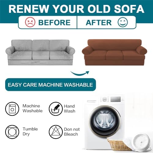 Turquoize 4 Piece T Cushion Sofa Slipcovers Stretch Couch Cover Furniture Covers with 3 Individual T Cushion Covers, Machine Washable (3 Cushion Sofa, Caramel)