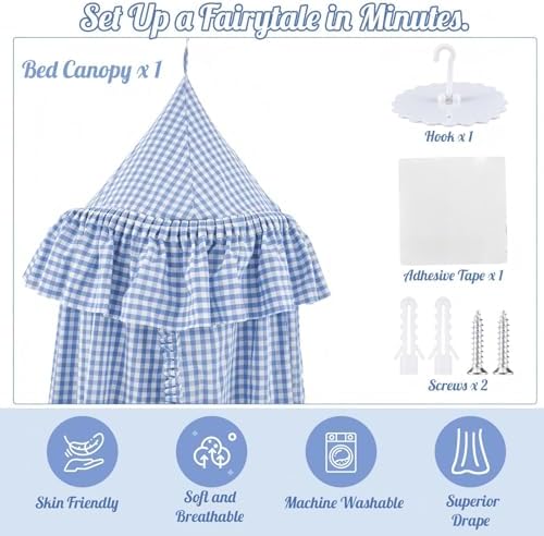 SmoothNovelty Gingham Plaid Bed Canopy, Blue White, Round