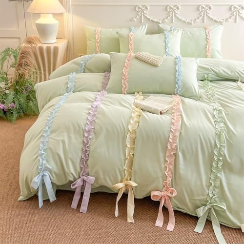 Rainbow Ruffles Bedding Set with Bow,Colorful Striped Duvet Cover, Cute Princess Style 2 PCS Duvet Cover Set-1 Duvet Cover and 1 Pillowcases for Girls Teens Bedroom,No Comforter