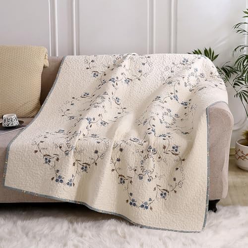 vctops 100% Cotton Quilted Throw Blanket 50x60 Inch Floral Embroidered Reversible Patchwork All Season Throw (Blue,50"x60")