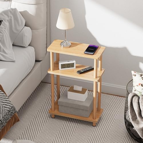 Apicizon Small Narrow Side Table, 3-Tier Skinny End Table, Natural