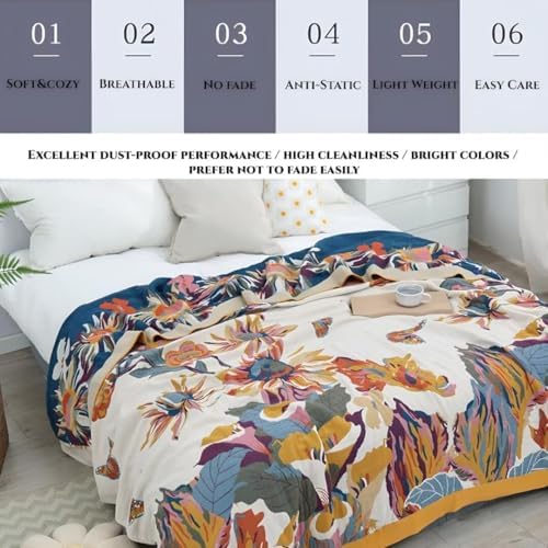 Boho Throw Blanket for Bed 100% Cotton Bohemian Blankets Ultra Soft Woven Muslin Decorative Blankets All Seasons Vintage Quilt Knitted Blanket for Sofa Chair(Yellow, 90"x98")