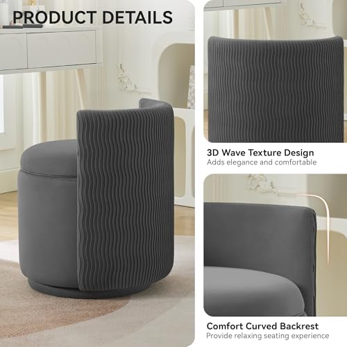 WUTUTUEE Velvet Vanity Chair with Storage, 360° Swivel Makeup Chair with Wave Back, No Assembly Small Accent Stool for Bedroom, Dressing, Living Room, Grey