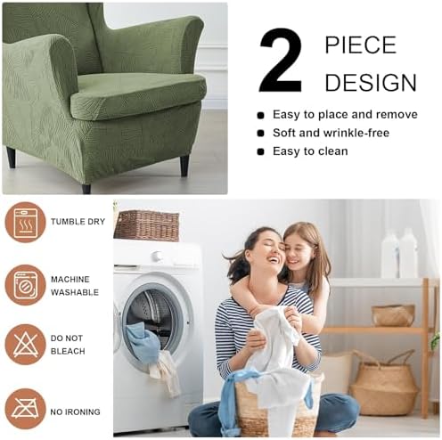 HAOYONG 2 Piece Wingback Chair Covers Stretch Wing Chair Slipcover Jacquard Wing Back Chair Covers with Arms Washable Spandex Fabric Armchair Cover Protection Furniture for Living Room and Bedroom