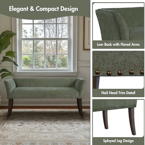 Madison Park Accent Bench, Plush Upholstered, Nailhead Trim, & Padded Seat Entryway Bench Small, End of Bed Bench with Back, 49.5" W x 19.25" D x 23" H, Green