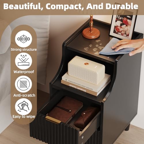 Fluted Nightstands Set of 2,Narrow Bedside Table with 2 Drawers & Storage, Farmhouse Walnut End Table Modern Side Table for Bedroom Livingroom Sofa Office, Small Space