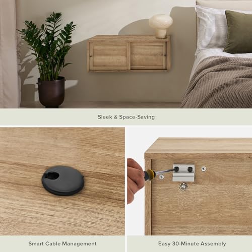 mopio Lauren Floating TV Shelf, Multi-Purpose Modular Under TV Display Shelf, Wall Mounted Wood Television Cabinet, Nightstand, Side Table, End Table, Bedside Shelves for Bedroom (Oak, 31", Single)