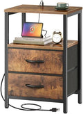 Huuger Nightstand with Charging Station, Side Table with Fabric Drawers