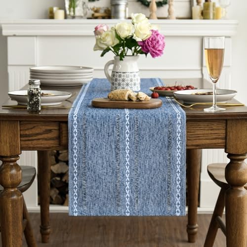 Artoid Mode Blue Rustic Cotton Linen Table Runner 13x36 Inch