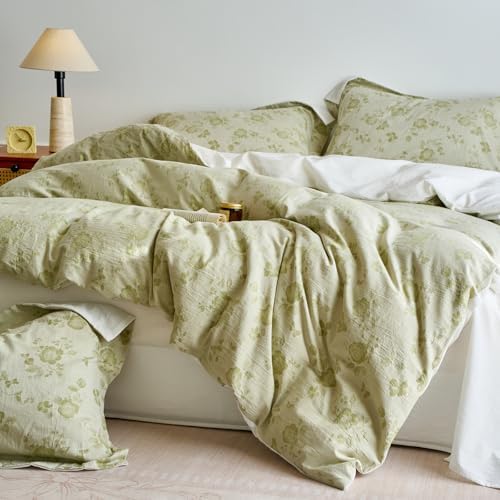 HighBuy Sage Green Floral Duvet Cover Twin XL Textured Design,Premium Muslin Cotton Coquette Floral Comforter Cover Set for College,Farmhouse Gauze Bedding Set with 2 Pillowcases