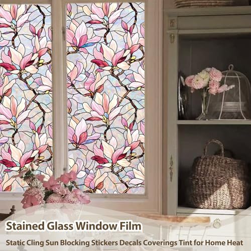 Magnolia Window Privacy Film,Static Stained Glass Cling17.5"x 78.7"