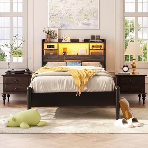 Aheaplus Headboard for Twin Size Bedwith Storage and Outlets, Black Oak