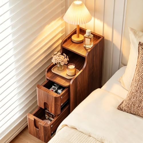 FurSch Narrow Nightstand, Wooden 2 Drawer, Walnut, 1 pc