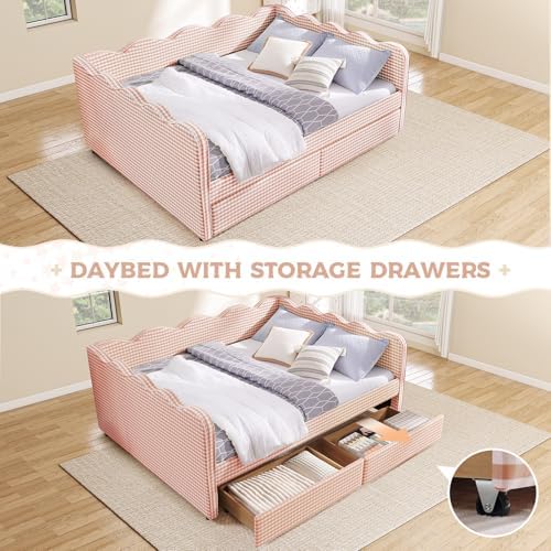 Queen Size Daybed with Storage Drawers, Linen Gingham Daybed with USB Ports & Wave Shaped, Upholstered Day Bed Frame, Modern Sofa Bed for Living Room/Bedroom/Guest Room, No Box Spring Needed, Pink