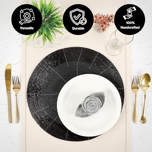 Round Beaded Placemats Set of 4 13 Inch Jet Black Handmade Glass Chargers