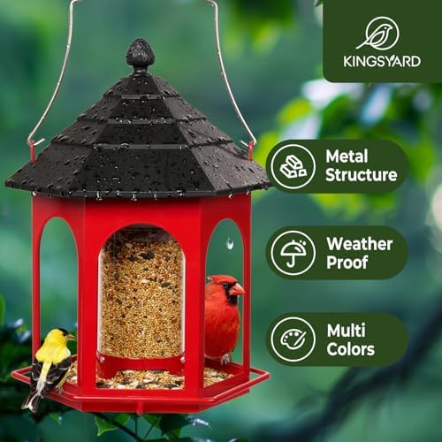 Kingsyard Metal Bird Feeder for Outdoors Hanging, 3 lbs Seed Feeder, Wild Bird Feeders for Garden Cardinal Finch Bluebird, Easy to Fill & Clean, Red