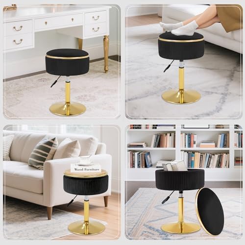 Adjustable Vanity Stool, Velvet Makeup Stool with Storage Black