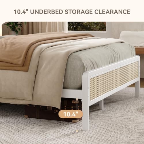 IMMERSTABLE Rattan Twin Bed Frame with Headboard, Boho Twin Metal Platform Bed Frame with Steel Slats, Under Bed Storage, Rounded Corners, No Box Spring Needed, Quiet Design, Easy Assembly, White