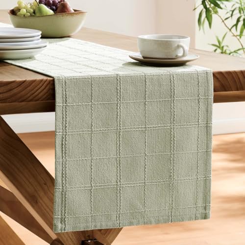 ZeeMart Linen Checked Farmhouse Table Runner, 13x72 Inches Seeding Green