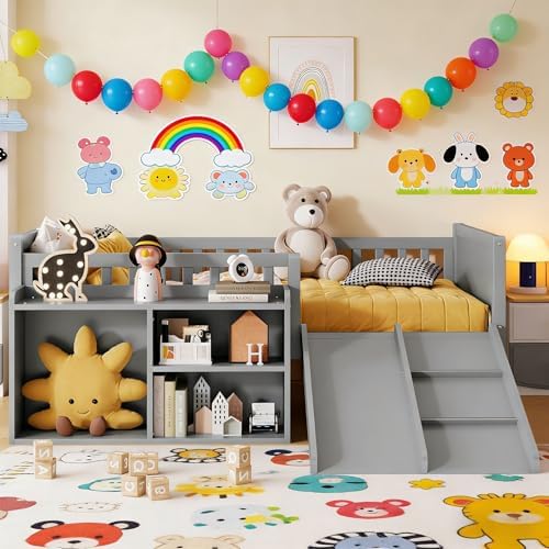 SOFTSEA Twin Size Low Loft Bed with Slide, Wood Loft Bed Frame with Storage Shelves and Guardrails for Kids, Gray