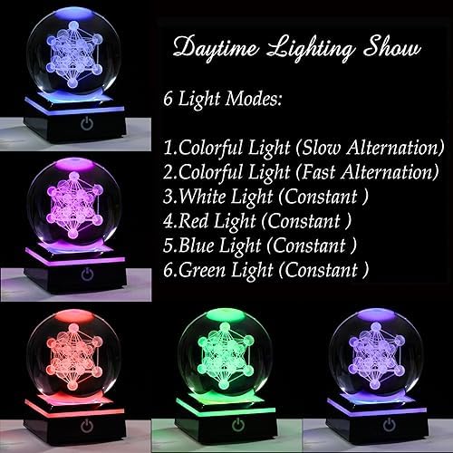 3D Metatron's Cube Crystal Ball with LED Colorful Lighting Touch Base - Flower of Life Night Light - Grid Sacred Geometry Sphere for Meditation Decor Spiritual Decor