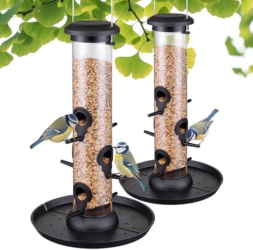 Tube Bird Feeders for Outdoors,13" 6-Port Seed Catcher,Black,2 PK
