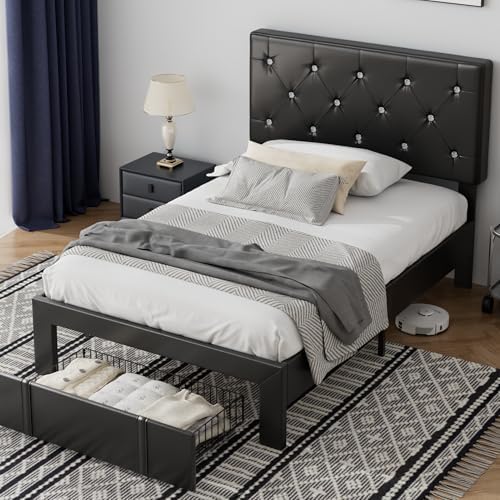 VECELO Twin Size Bed Frame with Storage Drawers, Leather Upholstered Bedframe with Diamond Tufted Headboard, Solid Wood Slat Support, No Box Spring Needed, PU Black