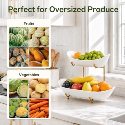 HBlife 2 Tier Large Fruit Bowl, Ceramic Fruit Basket for Kitchen Counter
