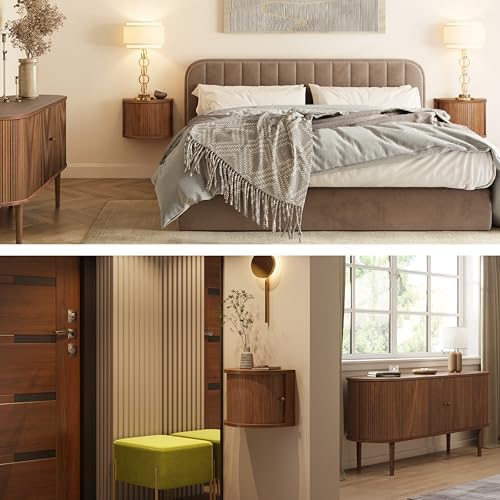 WERMO 16'' Fully Assembled Floating Nightstand with Storage and Sliding Door - Floating Side Table for Bedroom and Living Room. Mid Century Modern Nightstand Wood, Bedside Shelf Wall Mount (Walnut)