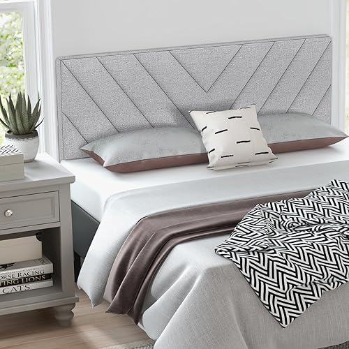 GIANTEX Linen Upholstered Headboard for Full & Queen Size Bed Frame, Adjustable Width Button Tufted Headboard Only with Solid Rubber Wood Legs, Modern Headboard,Grey