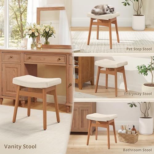 LUE BONA Vanity Saddle Stool with Wood Legs, Modern Vanity Chair for Makeup