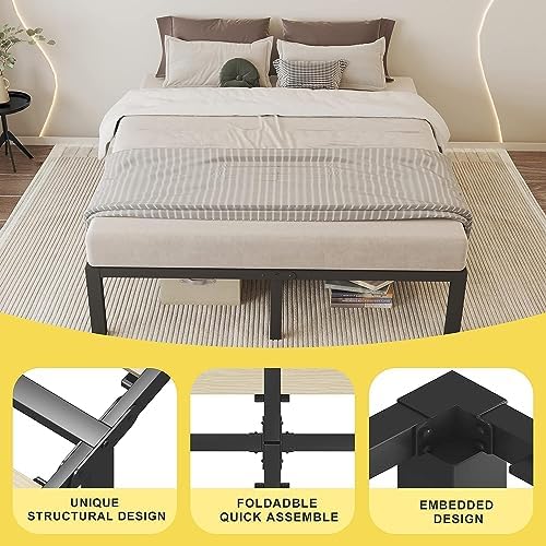 14 Inch Full Size Bed Frame with Wood Slats & 4 Mattress Baffles