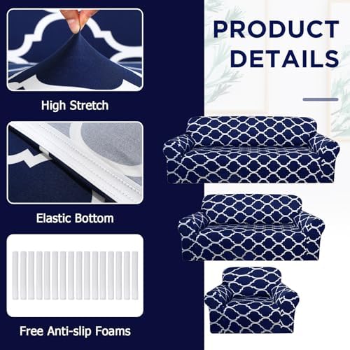 Peryiter 3 Pcs Navy Blue Couch and Loveseat Sofa Covers,3 Size