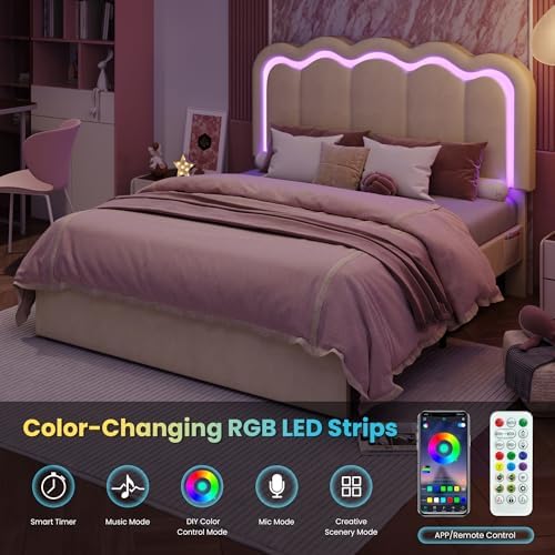 SHA CERLIN Queen Size Bed Frame with LED Lights and Storage Drawer, Cream