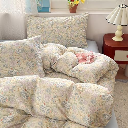 Cute Green 100 Cotton Duvet Cover Set 3 Pcs(1 Full Size Duvet Cover with 2 Pillowcases),Floral Bedding Set with Zipper,Soft Lightweight Breathable Gauze Comforter Covers 80"×90"