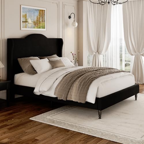 Full Size Bed Frame with Wingback Headboard, Upholstered Velvet Platform Bed Frame, Heavy Duty Wooden Slats Support, Noise-Free, No Box Spring Needed, Minimalist Style, Black