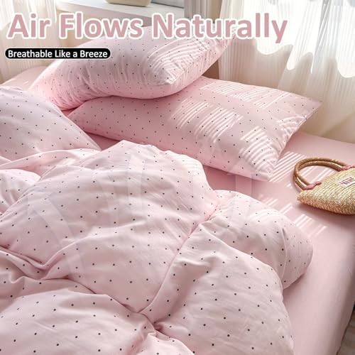 100% Cotton Muslin Duvet Cover King 3 Pcs,104"×90",Pink Polka Dot