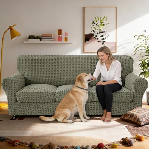 MAXIJIN 4 Pieces Stretch Couch Covers for 3 Cushion Sofa Pet Friendly Couch Cover for Dogs Washable Sofa Slipcovers Thick Soft Furniture Protector with Non Slip Strap (Army Green, 71"-91")