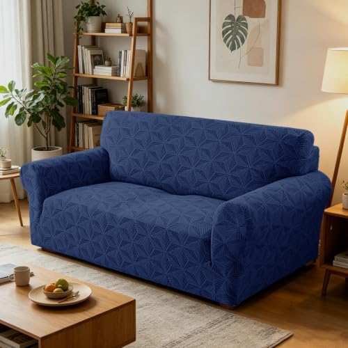 ZNSAYOTX Stretch Couch Cover, 1 Piece Sofa Covers for 2 Cushion Couch, Jacquard Loveseat Slipcovers with Elastic Bottom Thickened Furniture Protector for Dog Cat Pet (Medium, Navy Blue)