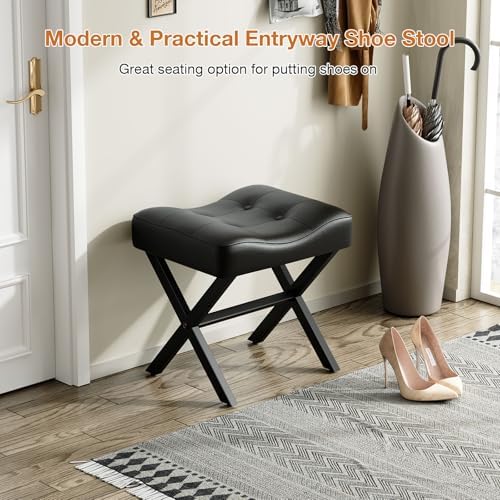 Memobarco 18-Inch Large Leather Vanity Stool Chair, Black Makeup Stool