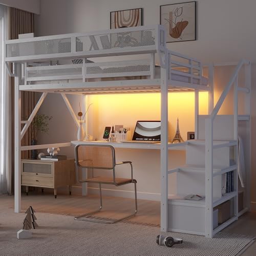 Full Size Metal Loft Bed Frame with Desk, Staircase, Built-in Storage Shelves and Wardrobe, Modern Loft Bed with Solid Slats, Guardrail, No Box Spring Required, Easy Assembly, for Bedroom, White