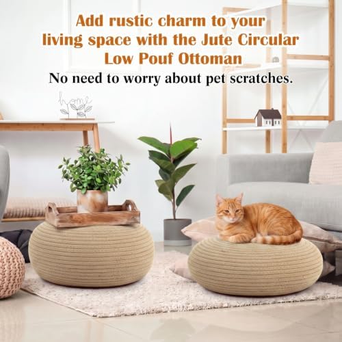 Briwooody 2 Pcs Handmade Round Jute Weave Low Pouf Ottoman
