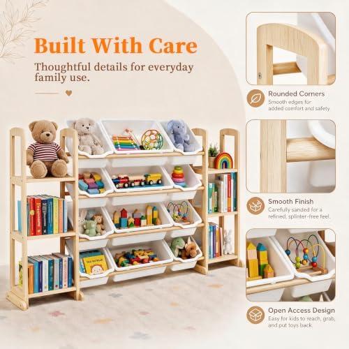 Toy Storage Organizer with Bookshelf – Wooden Toy Organizer with 12 Toy Bins & 6 Tier Bookcase,Quick Assembly Kids Bookshelf,Toy Bin for Playroom, Bedroom, Nursery– White
