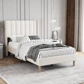 Twin Size Bed Frame with Velvet Upholstered Headboard, Beige