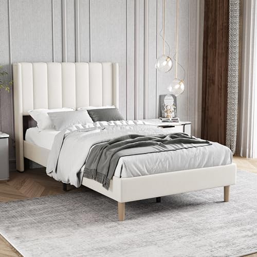 Twin Size Bed Frame with Velvet Upholstered Headboard, Beige