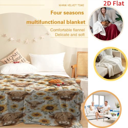 Sunflower Highland Cow Blanket 50"x60", Soft Lightweight Throw Blanket for Kids Teens Adults, All Season Cozy Decorative Blanket for Sofa Bed Couch Travel
