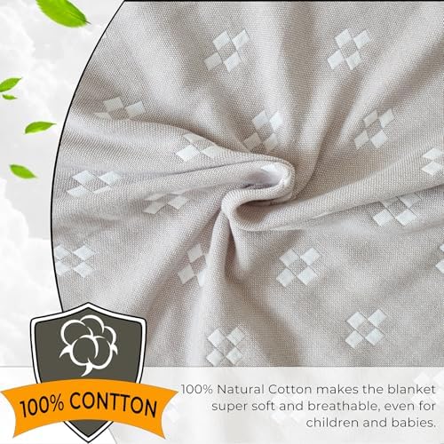 Checkered Flower Muslin Blanket for Sofa 60"×80" Grey/Off White